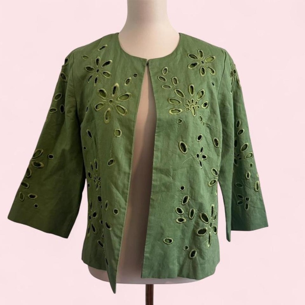 Vintage Trenz 100% Linen Green‎ Eyelet Jacket — Size M